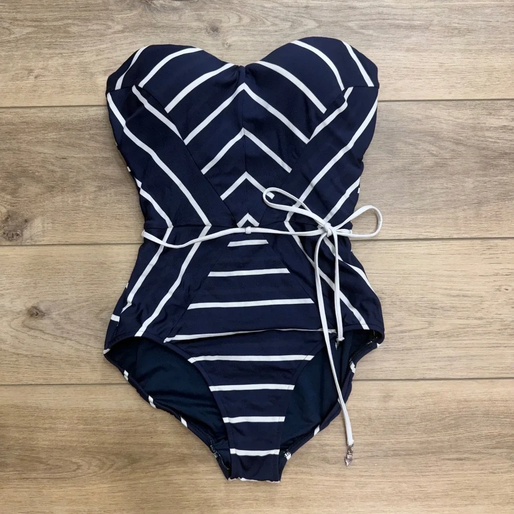 Seafolly Australia Navy Blue White Striped Bandeau One Piece Swimsuit Size 14